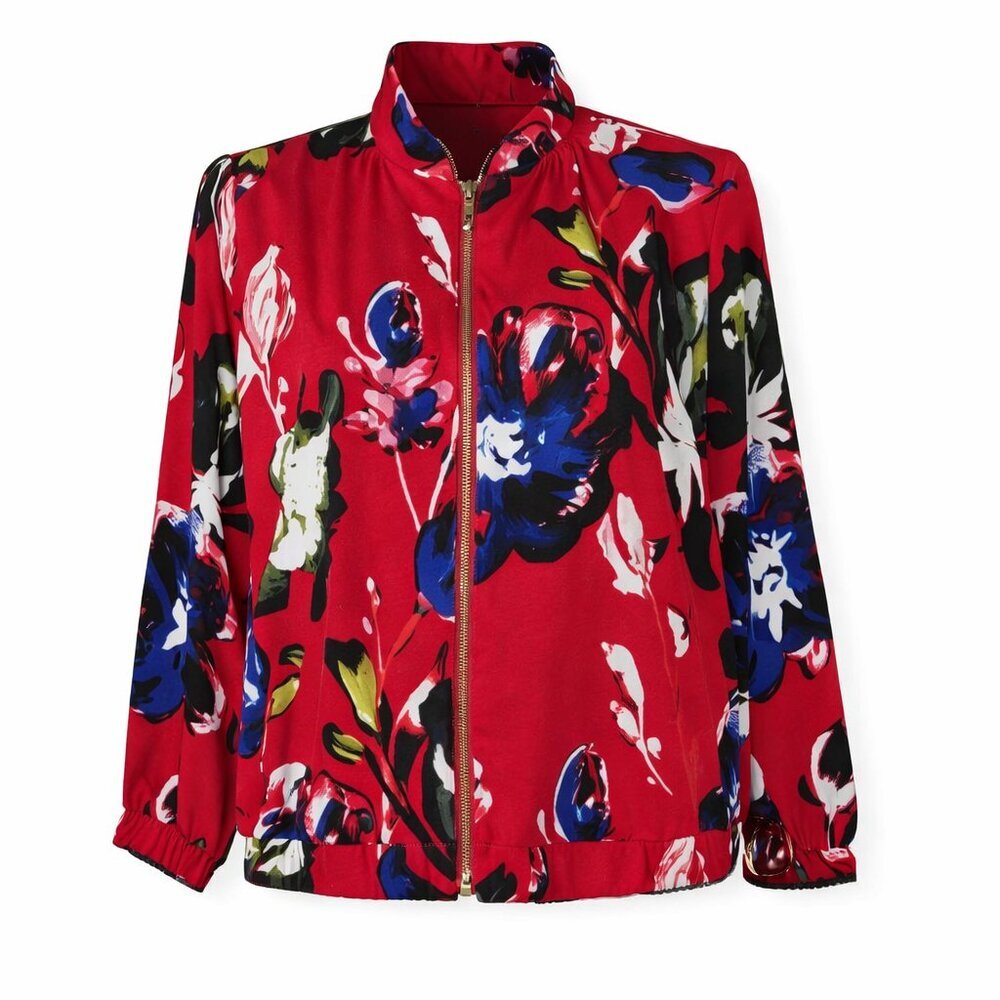 SUSAN GRAVER Red Floral Zip Front Bomber Jacket Size 1X